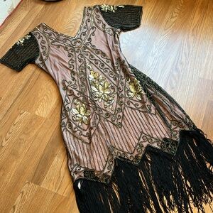 Elegant Beaded Roaring 20’s Dress - Blush, Black & Gold